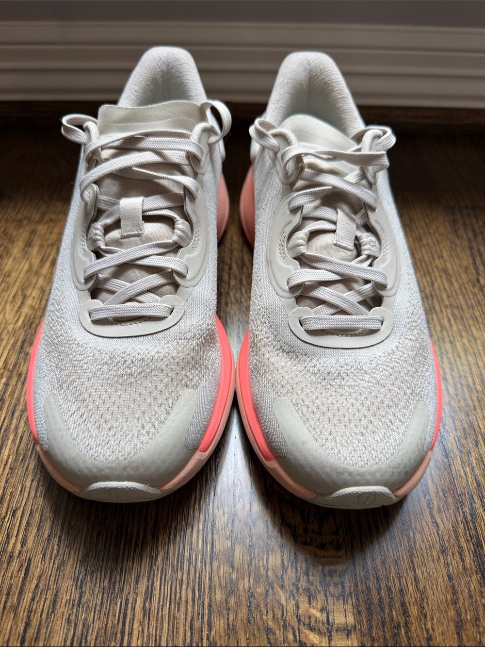 lululemon athletica Neutral Beige Knit Sneakers with Neon Orange Accents